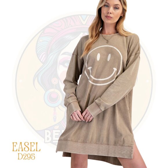 D295 EASEL Mushroom Smiley Face Washed Terry Pullover Dress - Picture 1 of 3